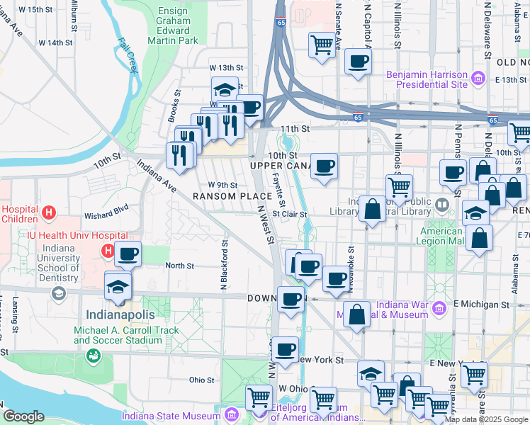 map of restaurants, bars, coffee shops, grocery stores, and more near 811 Doctor Martin Luther King Junior Street in Indianapolis