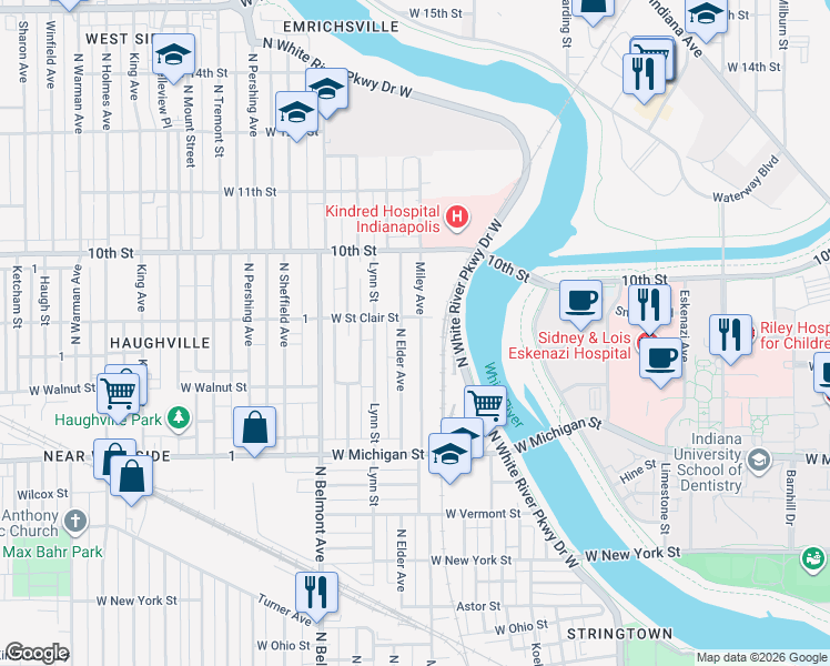 map of restaurants, bars, coffee shops, grocery stores, and more near 760 Miley Avenue in Indianapolis