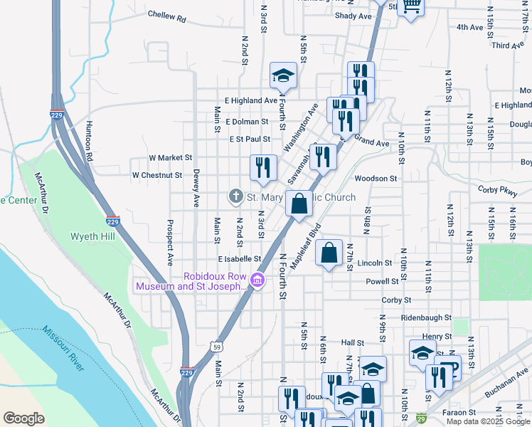 map of restaurants, bars, coffee shops, grocery stores, and more near 1602 North 3rd Street in Saint Joseph