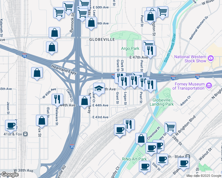 map of restaurants, bars, coffee shops, grocery stores, and more near 214 East 45th Avenue in Denver