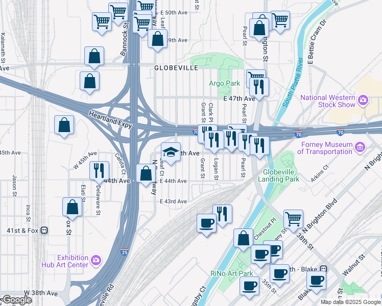 map of restaurants, bars, coffee shops, grocery stores, and more near 210 East 45th Avenue in Denver