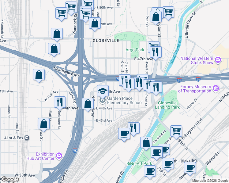 map of restaurants, bars, coffee shops, grocery stores, and more near 206 East 45th Avenue in Denver