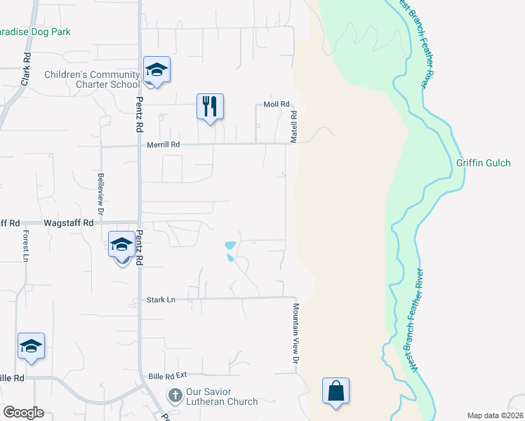 map of restaurants, bars, coffee shops, grocery stores, and more near Summerwood Court in Paradise