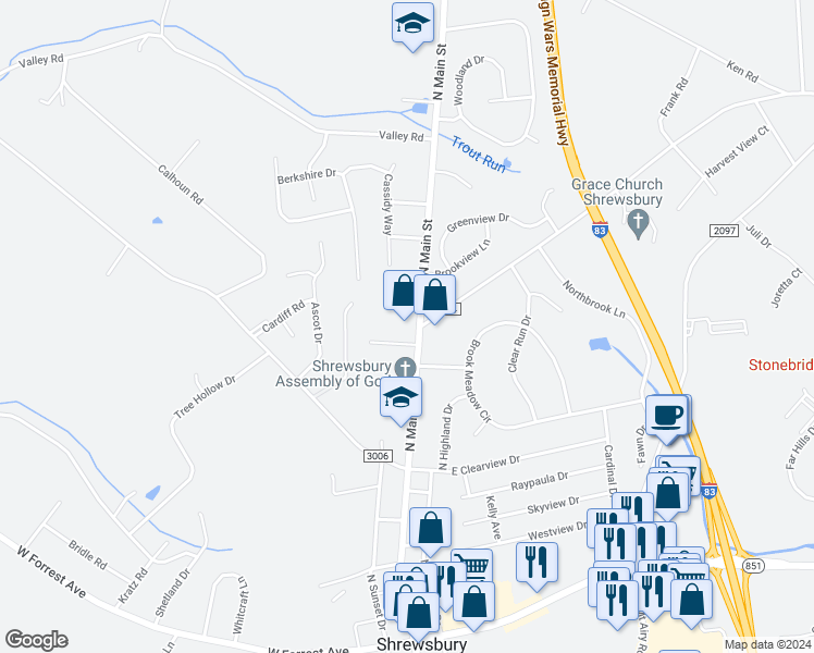map of restaurants, bars, coffee shops, grocery stores, and more near 250 North Main Street in Shrewsbury