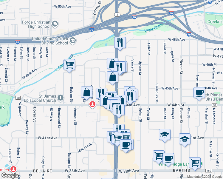 map of restaurants, bars, coffee shops, grocery stores, and more near 4530 Yukon Court in Wheat Ridge