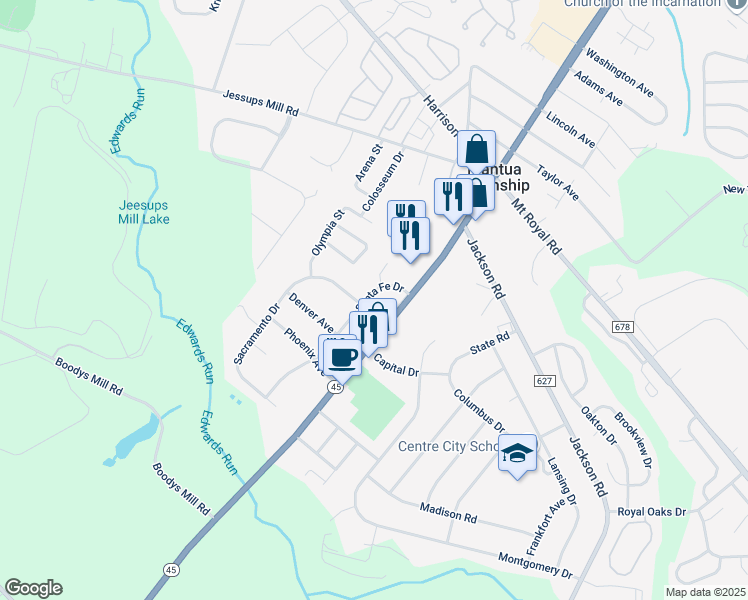 map of restaurants, bars, coffee shops, grocery stores, and more near 645 Santa Fe Drive in Mantua Township