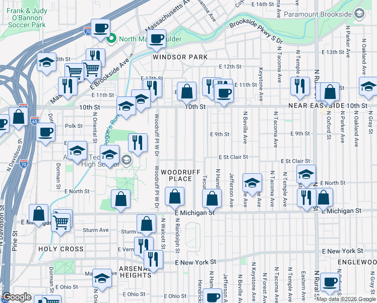 map of restaurants, bars, coffee shops, grocery stores, and more near 784 Woodruff Place East Drive in Indianapolis