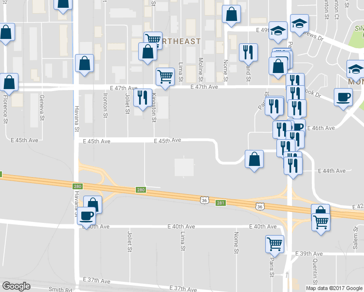 map of restaurants, bars, coffee shops, grocery stores, and more near 11192 East 45th Avenue in Denver