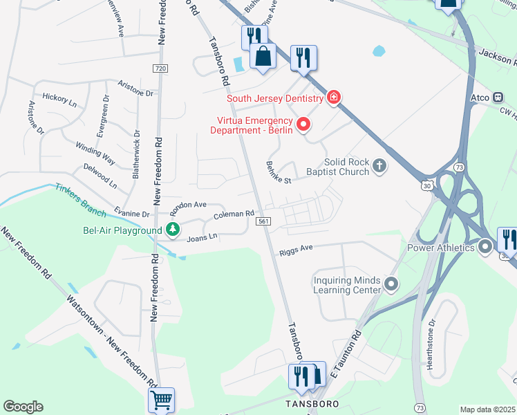 map of restaurants, bars, coffee shops, grocery stores, and more near 198 County Road 561 in Berlin