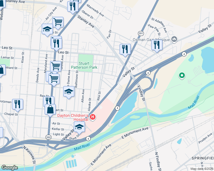 map of restaurants, bars, coffee shops, grocery stores, and more near 2018 Stapleton Court in Dayton