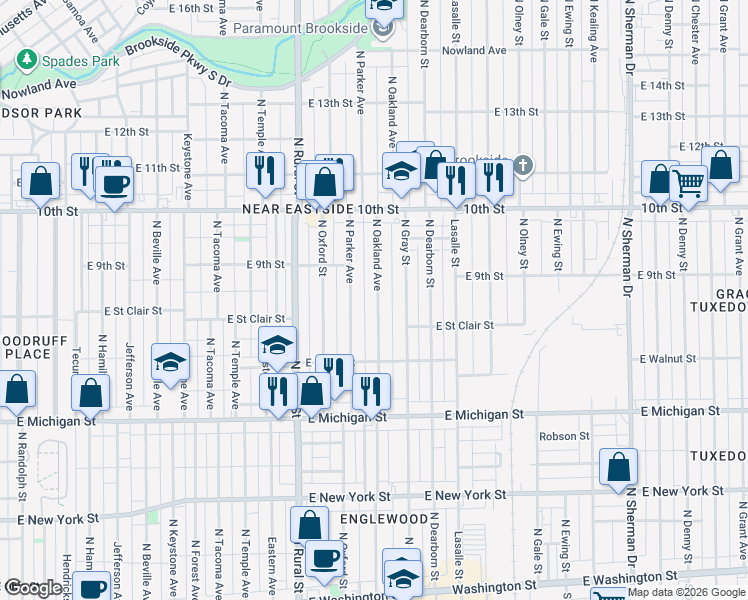 map of restaurants, bars, coffee shops, grocery stores, and more near 824 North Oakland Avenue in Indianapolis