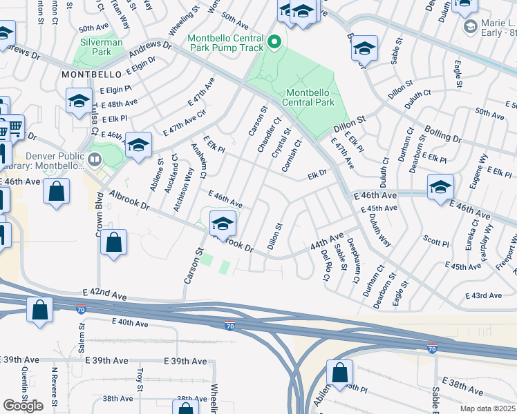 map of restaurants, bars, coffee shops, grocery stores, and more near 4620 Crystal Street in Denver