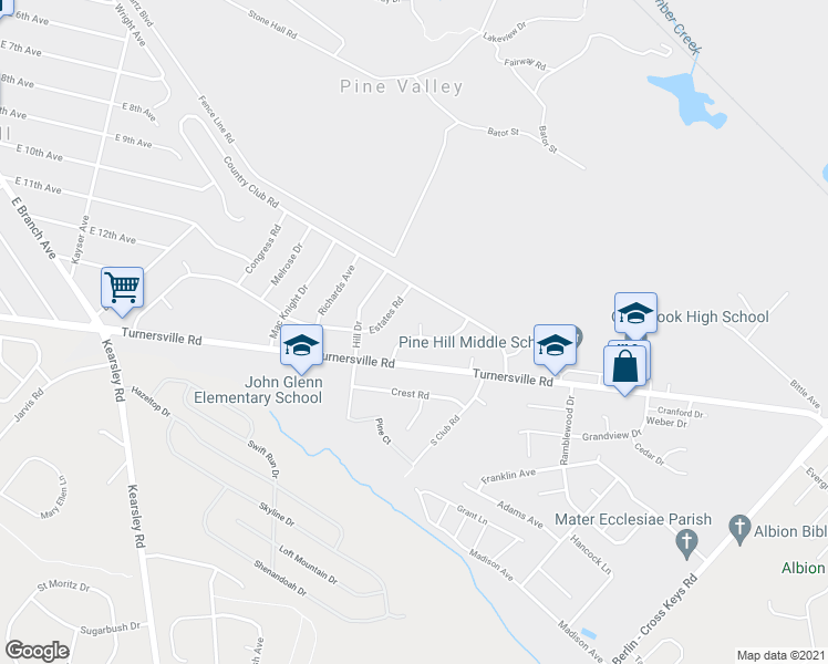 map of restaurants, bars, coffee shops, grocery stores, and more near 18 Valley Drive in Pine Hill