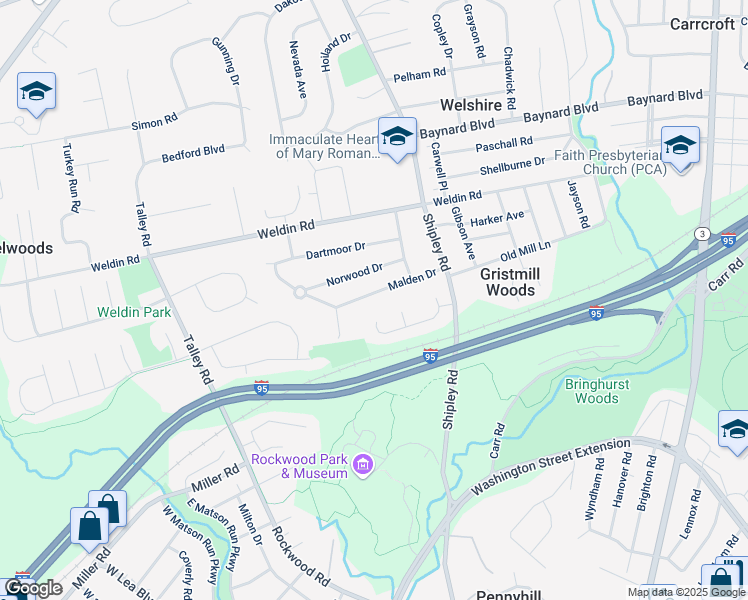 map of restaurants, bars, coffee shops, grocery stores, and more near 4660 Malden Drive in Wilmington