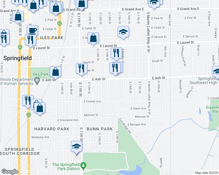 map of restaurants, bars, coffee shops, grocery stores, and more near 2120 South 14th Street in Springfield
