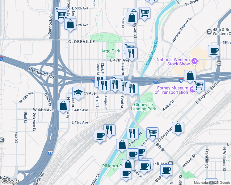 map of restaurants, bars, coffee shops, grocery stores, and more near 4519 Pearl Street in Denver