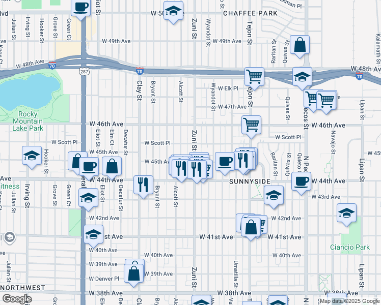map of restaurants, bars, coffee shops, grocery stores, and more near 4541 Zuni Street in Denver
