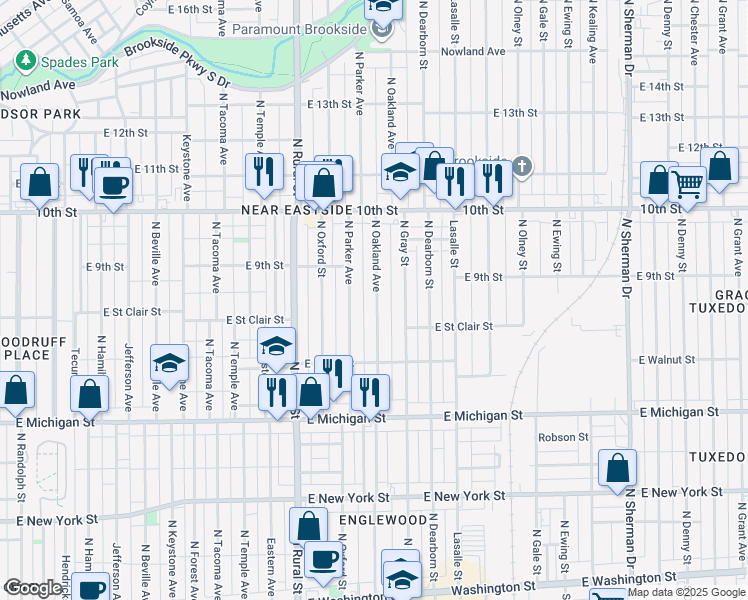 map of restaurants, bars, coffee shops, grocery stores, and more near 824 North Oakland Avenue in Indianapolis