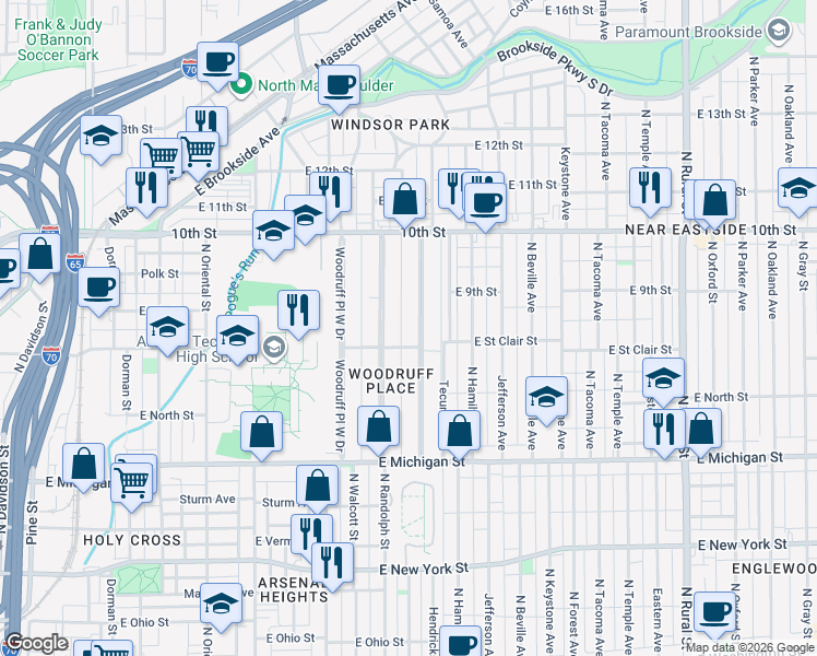 map of restaurants, bars, coffee shops, grocery stores, and more near 784 Woodruff Place East Drive in Indianapolis