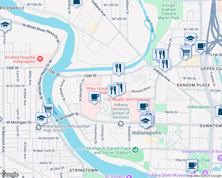 map of restaurants, bars, coffee shops, grocery stores, and more near 810 Wilson Street in Indianapolis