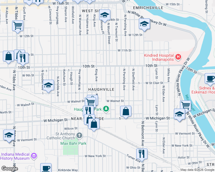 map of restaurants, bars, coffee shops, grocery stores, and more near 769 North Belleview Place in Indianapolis