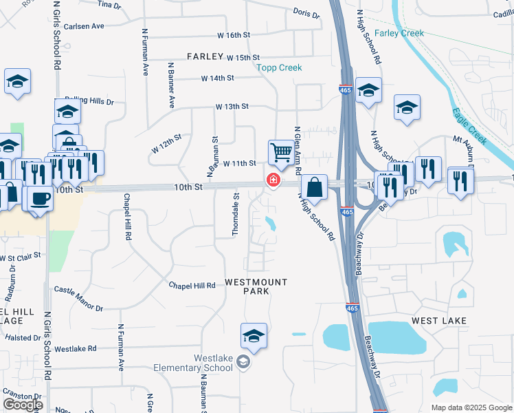 map of restaurants, bars, coffee shops, grocery stores, and more near 918 Prestwick Lane in Indianapolis