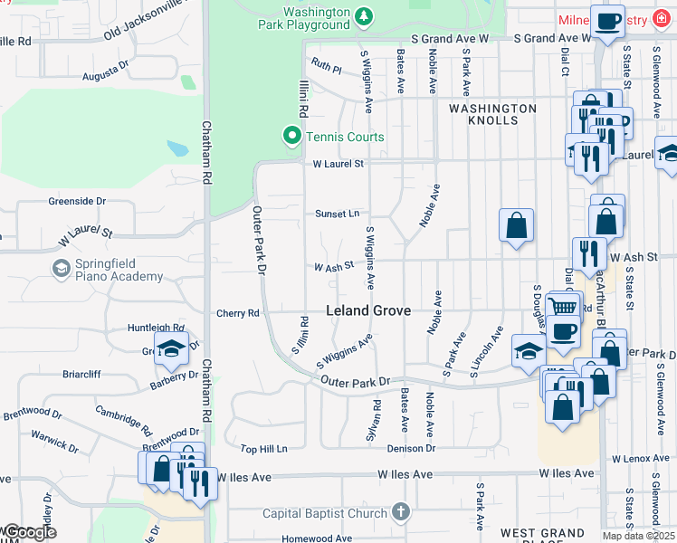 map of restaurants, bars, coffee shops, grocery stores, and more near 1700-1706 West Ash Street in Leland Grove