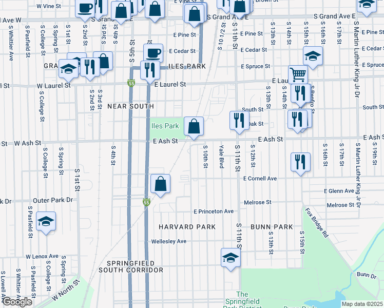 map of restaurants, bars, coffee shops, grocery stores, and more near 2130 South 9th Street in Springfield