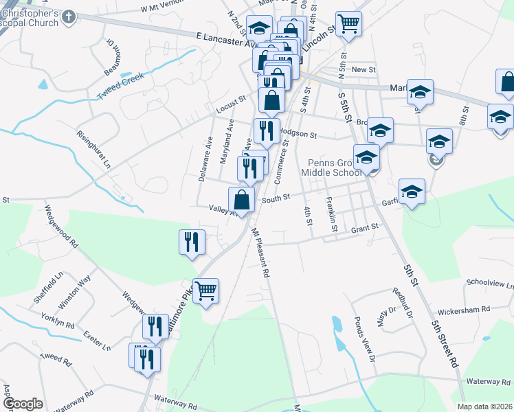 map of restaurants, bars, coffee shops, grocery stores, and more near 322 South 3rd Street in Oxford