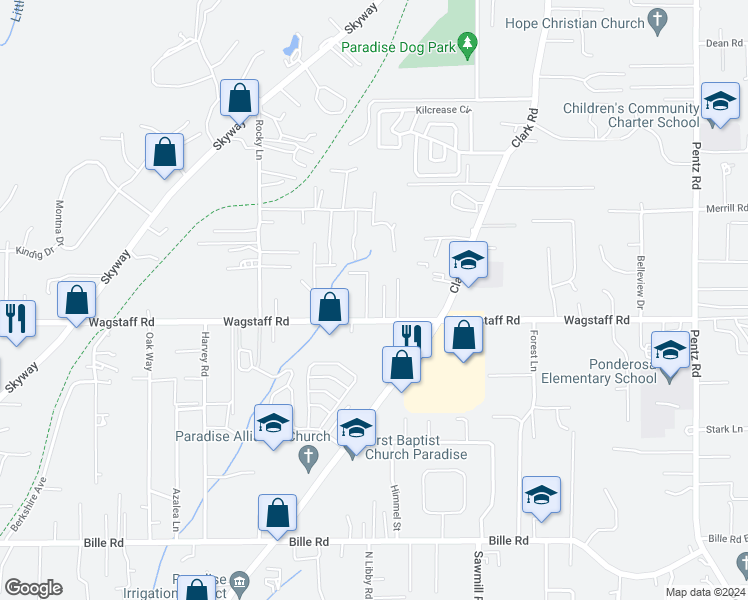 map of restaurants, bars, coffee shops, grocery stores, and more near 6409 Parkwood Way in Paradise