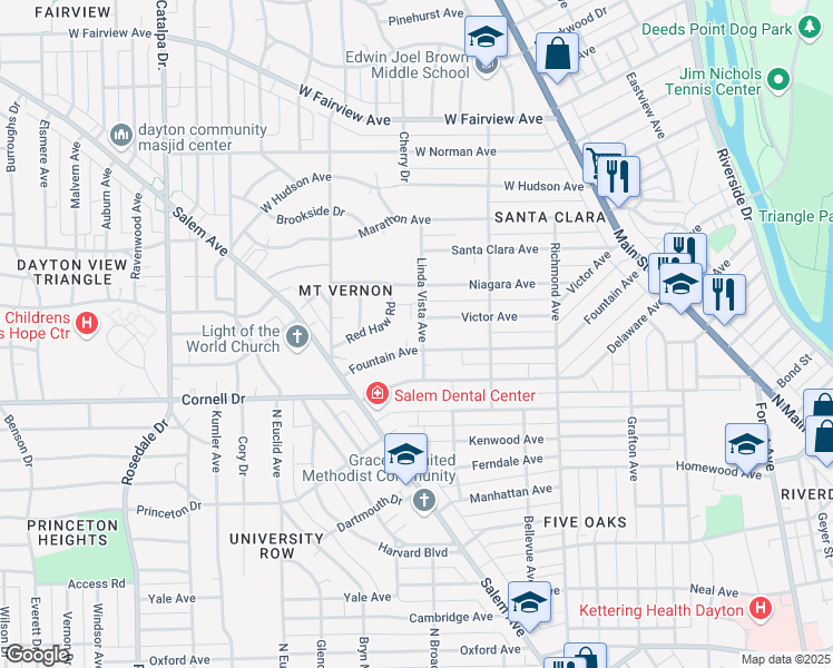 map of restaurants, bars, coffee shops, grocery stores, and more near 1119 Linda Vista Avenue in Dayton