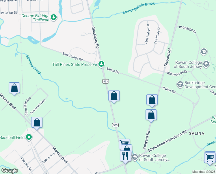 map of restaurants, bars, coffee shops, grocery stores, and more near 1730 Glassboro Road in Deptford