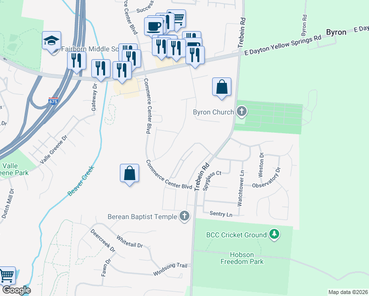 map of restaurants, bars, coffee shops, grocery stores, and more near 2255 Long Vista Lane in Fairborn