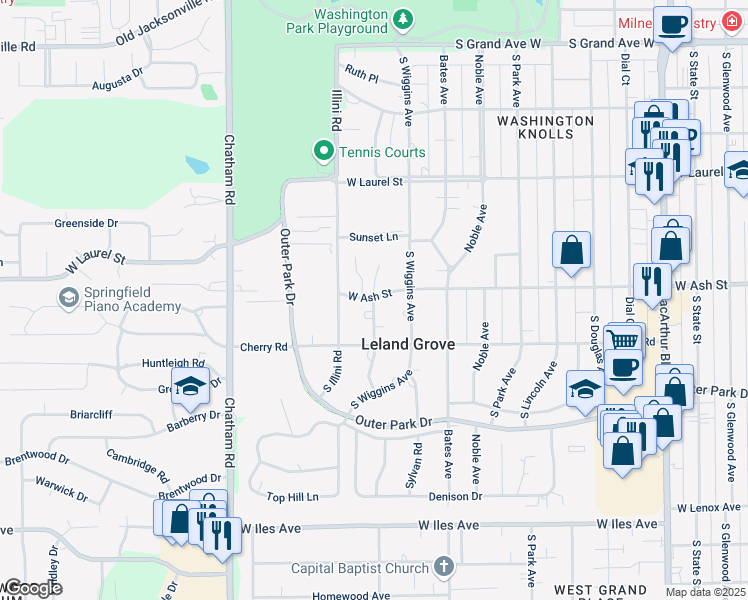 map of restaurants, bars, coffee shops, grocery stores, and more near 1700-1706 West Ash Street in Leland Grove