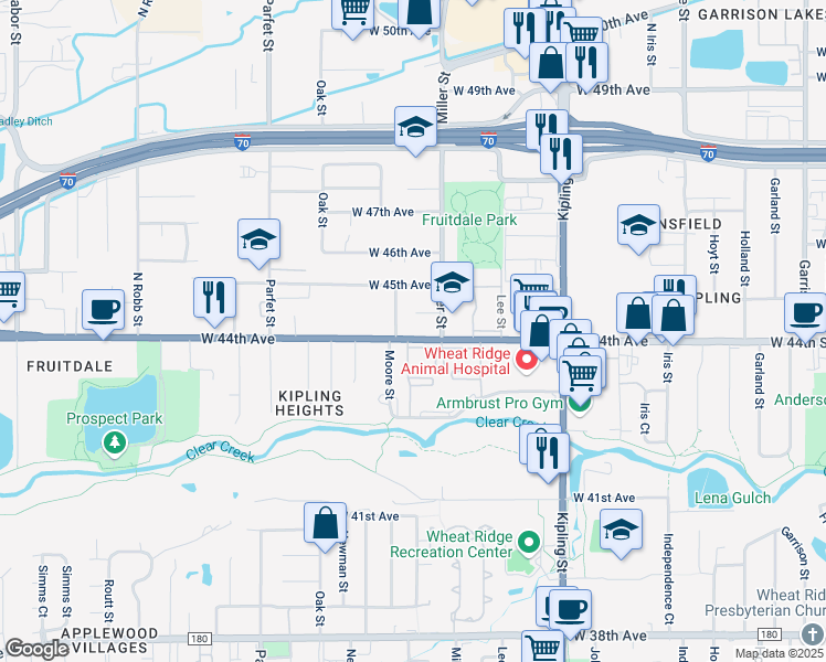 map of restaurants, bars, coffee shops, grocery stores, and more near 10475 West 44th Avenue in Wheat Ridge