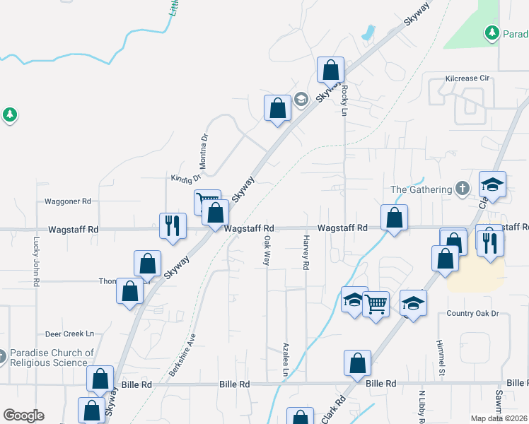 map of restaurants, bars, coffee shops, grocery stores, and more near 6417 Oak Way in Paradise
