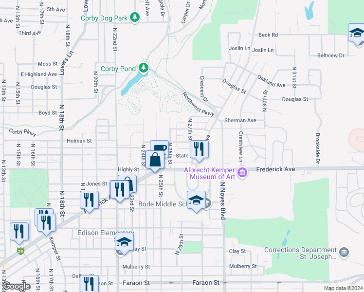 map of restaurants, bars, coffee shops, grocery stores, and more near 2620 Folsom Street in St. Joseph