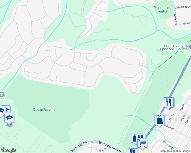 map of restaurants, bars, coffee shops, grocery stores, and more near 90 Bayville Way in Ocean Township
