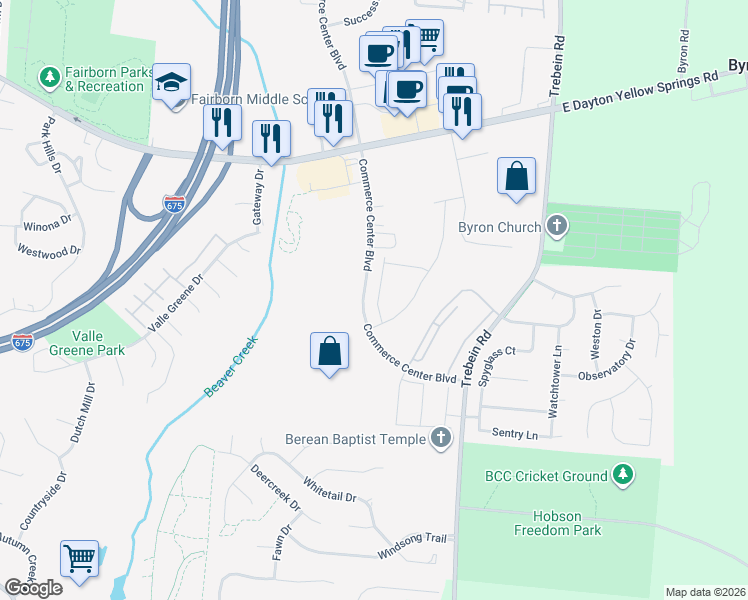 map of restaurants, bars, coffee shops, grocery stores, and more near 2147 Warbler Lane in Fairborn