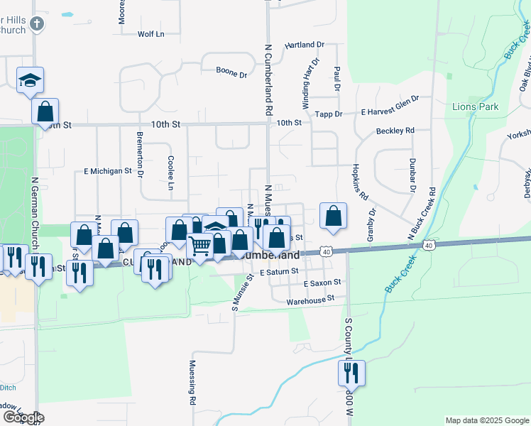 map of restaurants, bars, coffee shops, grocery stores, and more near 124 North Muessing Street in Cumberland