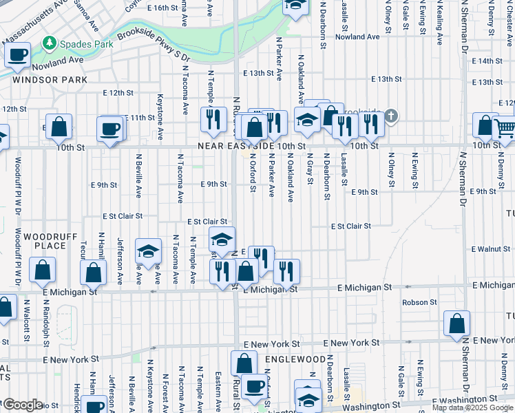 map of restaurants, bars, coffee shops, grocery stores, and more near 821 North Oxford Street in Indianapolis