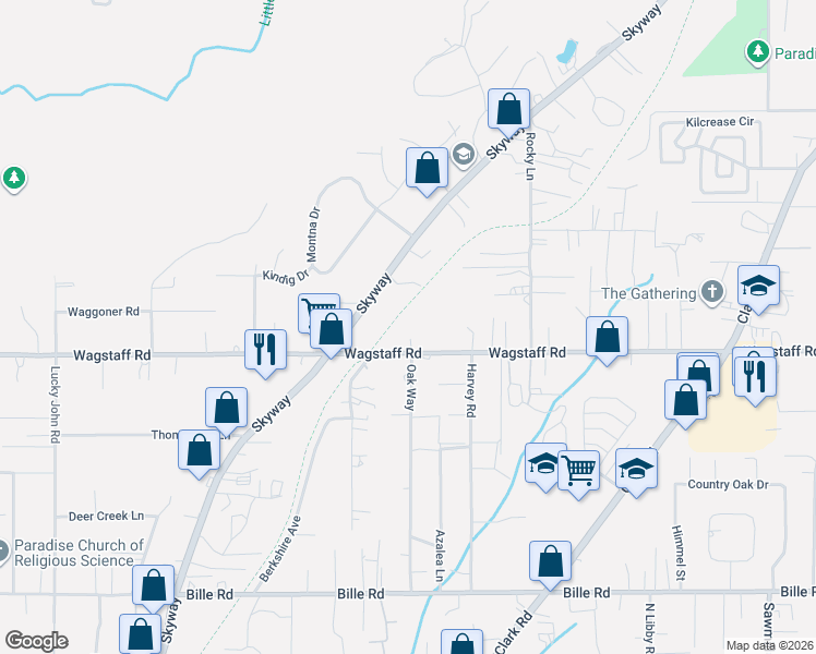 map of restaurants, bars, coffee shops, grocery stores, and more near 6417 Oak Way in Paradise