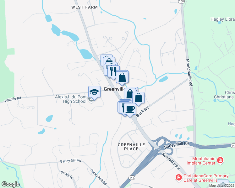 map of restaurants, bars, coffee shops, grocery stores, and more near 4015 Kennett Pike in Wilmington
