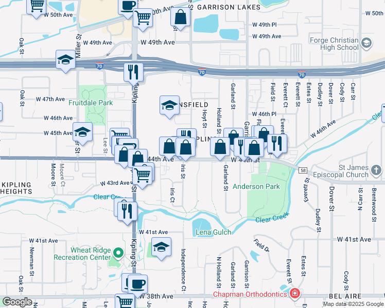 map of restaurants, bars, coffee shops, grocery stores, and more near 9695 West 44th Avenue in Wheat Ridge