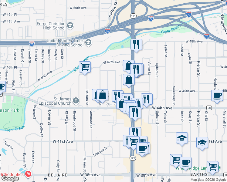 map of restaurants, bars, coffee shops, grocery stores, and more near 4495 Yarrow Street in Wheat Ridge