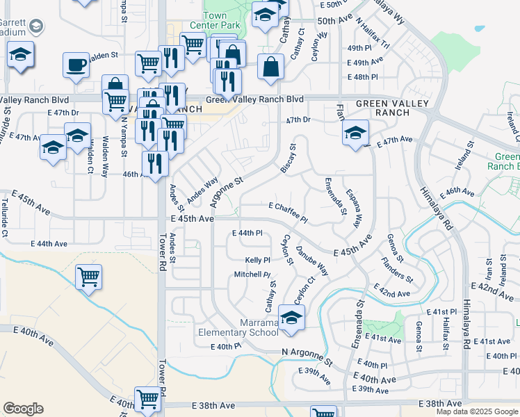 map of restaurants, bars, coffee shops, grocery stores, and more near 18940 East Chaffee Place in Denver