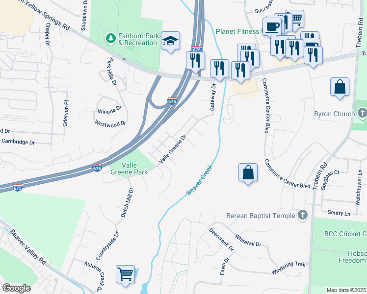 map of restaurants, bars, coffee shops, grocery stores, and more near 961 Willow Court in Fairborn