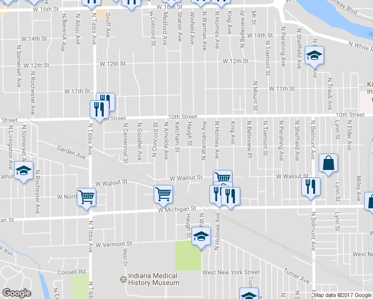 map of restaurants, bars, coffee shops, grocery stores, and more near 770 Haugh Street in Indianapolis