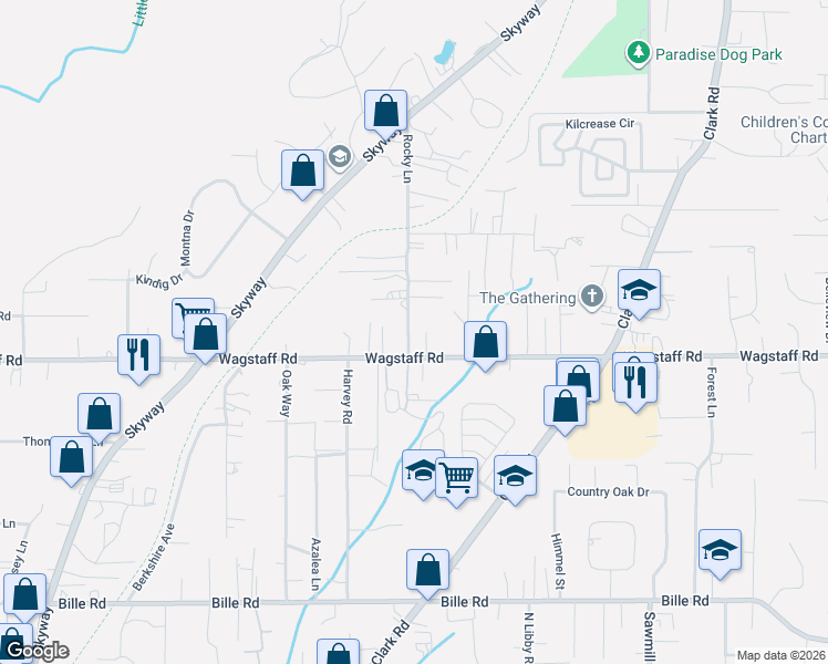 map of restaurants, bars, coffee shops, grocery stores, and more near 6442 Rocky Lane in Paradise