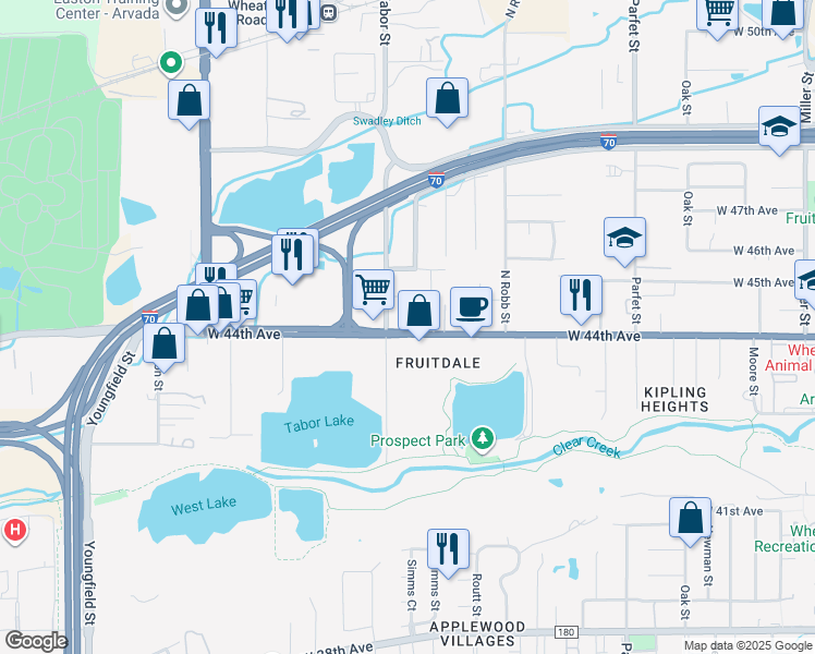 map of restaurants, bars, coffee shops, grocery stores, and more near 11691 West 44th Avenue in Wheat Ridge